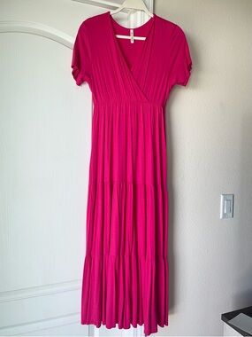 Hot Pink Short-Sleeve Wrap Maxi Dress